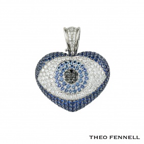 Theo Fennell 18k White Gold Sapphire and Diamond Evil Eye Art Pendant